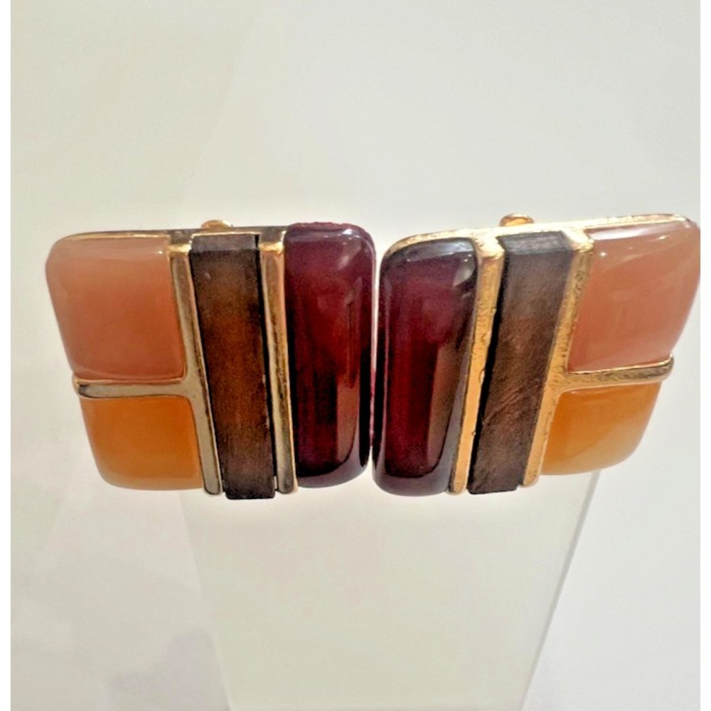 Uncas Int Clip On Earrings Gold Blush Wine Amber Resin Wood Mod 3"  Vendor Smple